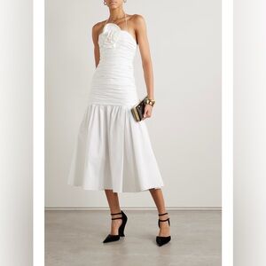 CAROLINA HERRERA Ruched Appliquéd Cotton-Blend Poplin Flower Midi Dress